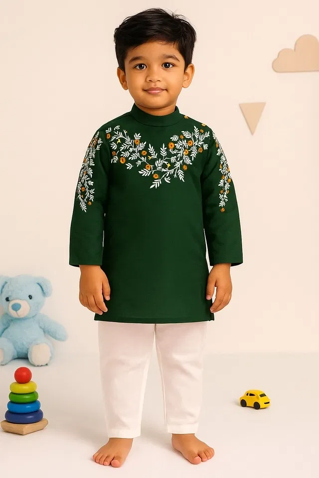 Dupion Silk Printed Kurta with Payjama for Boys, Green & White (4-5 Years)