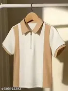 Color Blocked T-Shirt with a Zip Collar for Men ,Beige & Cream 