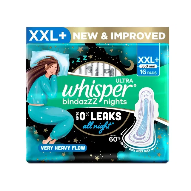 विस्पर अल्ट्रा बिंदास नाइट्स सैनिटरी पैड्स XXL+ (16 यूनिट्स)