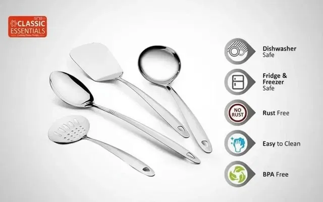 Classic Essentials Stainless Steel Serving Spoon (Silver, Set of 4)