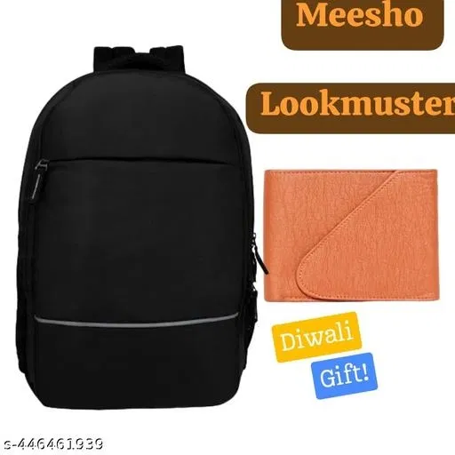 Polyester Backpack with Wallet for Men, Black & Tan, Set of 2