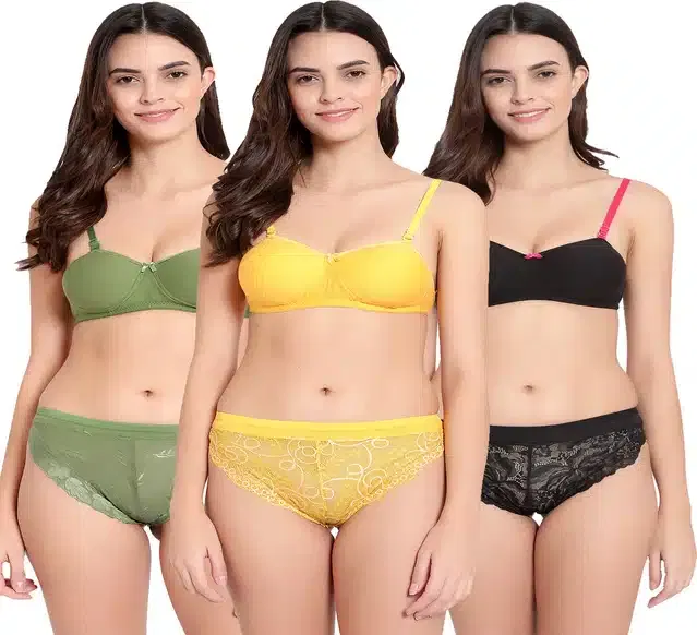 Pure Cotton Lingerie Set for Women (Multicolor, 32A) (Set of 3)