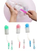 Combo 2-in-1 baby bottle and nipple cleaning brush set featuring a long handle for cleaning bottles and a smaller brush for nipples 
