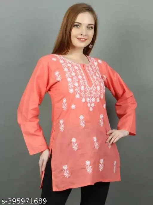 Cotton Chikankari Short Kurti for Women, Pink (XXXL)