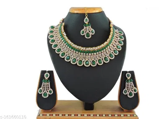 Gold Plated Diamond Chocker Set Jewellery Set for Women (Green, Free Size)