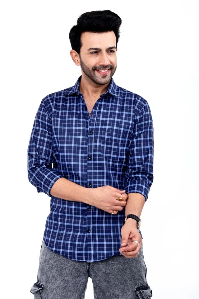 Cotton Blend Checked Shirt for Men, Blue (M)