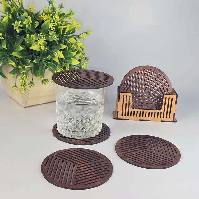 MDF Wooden 6 Pcs Coasters with Stand (Brown, Set of 1)