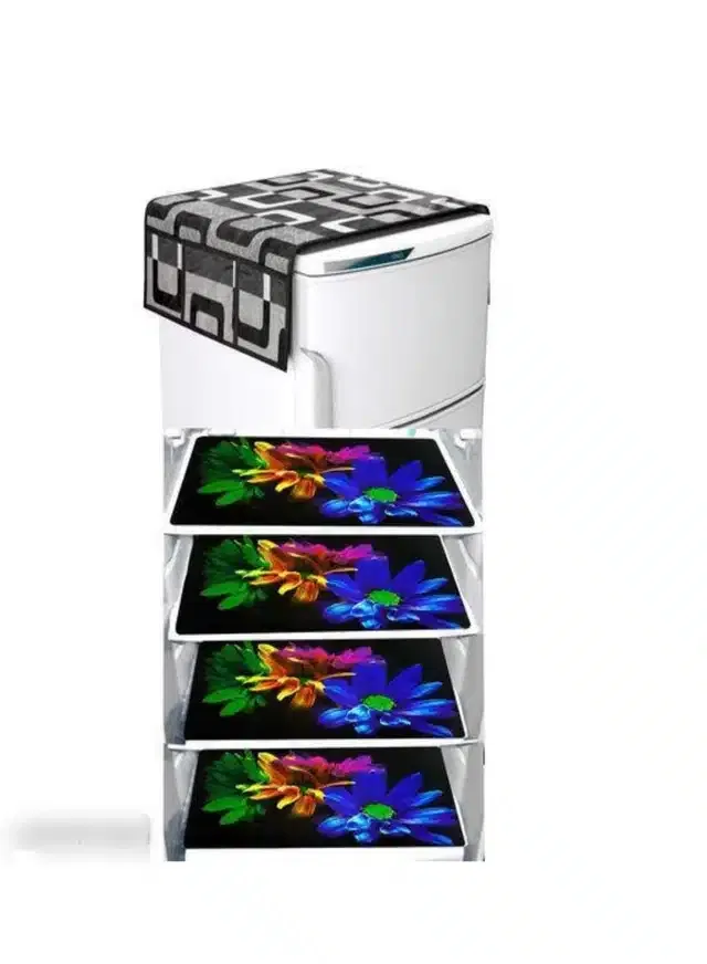Knit Printed Fridge 4 Pcs Mat with Top Cover (Multicolor, Set of 1)