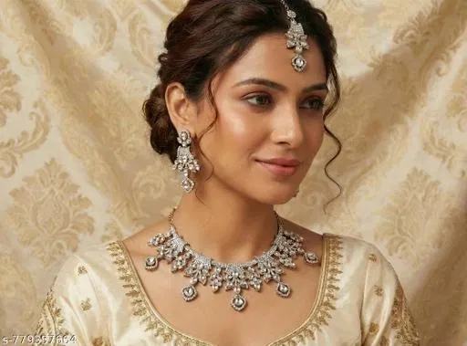Crystal Kundan Studded Necklace Set for Women (White, Free Size)