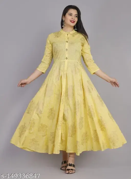 Rayon Printed Anarkali Kurti for Women (Yellow, L)