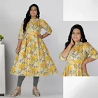Cotton Silk Printed Kurti for Women, Yellow 