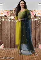 Cotton Blend Embroidered Kurta with Pant & Dupatta for Women 