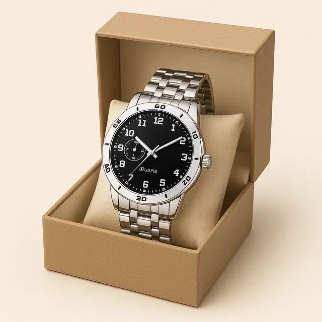 Analog Watch with Black Dial & Silver Stainless Steel Strap for Men