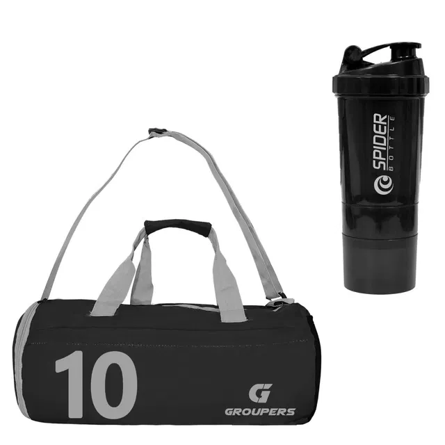 Polyester Printed Gym Bag with Shaker Bottle (500 ml) for Men & Women (Black, Set of 1)