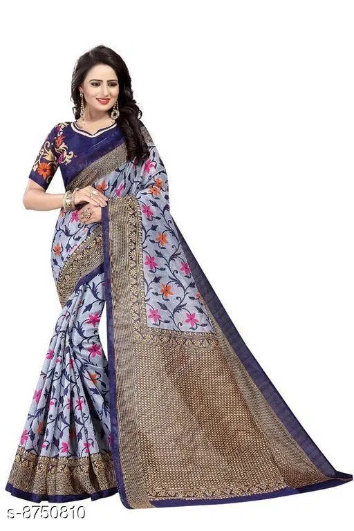 Vichitra Silk Printed Saree for Women, Navy Blue (6.3 m)