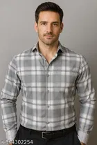 Cotton Blend Checked Shirt for Men, L-Grey 