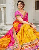 Art Silk Printed Saree for Women, Yellow 