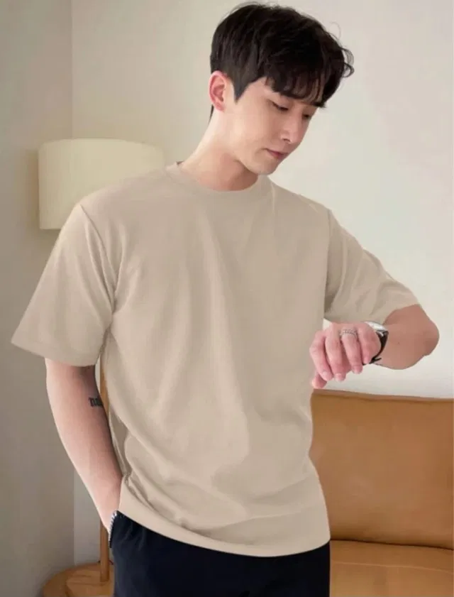 Round Neck Solid T-Shirt for Men (Beige,XL)