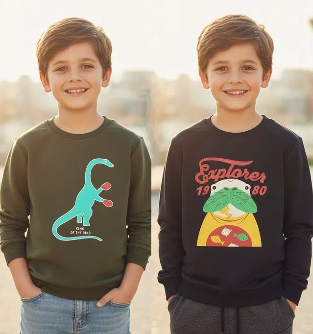 Round Neck Printed Wool Sweat Shirt For Boys, Multicolour (8-9 Years) ,Pack Of 2