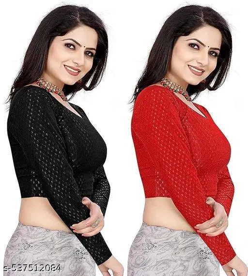 Lycra Ready Made Blouse for Women, Black & Red, Pack of 2 (34)