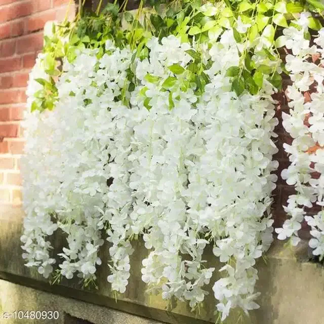 Polyester Artificial Hanging Flower Garlands (White & Green, Pack of 20)