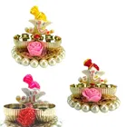 Metal Decorative Ganpati Haldi Kumkum Stand with 2 Roli Chawal Holder, Multicolor