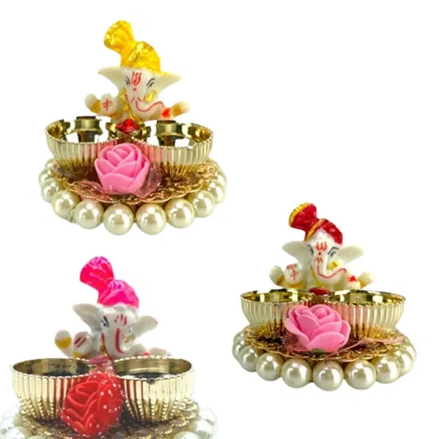 Metal Decorative Ganpati Haldi Kumkum Stand with 2 Roli Chawal Holder, Multicolor