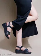 Shoetopia Solid Black Round Toe Heel Sandals 