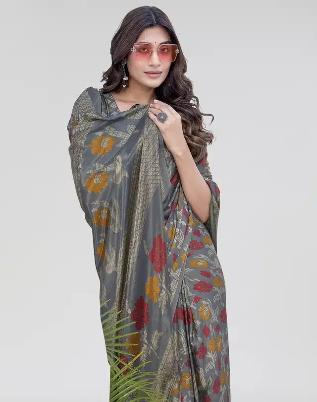 Chiffon Printed Saree for Women (Grey, 6 m)