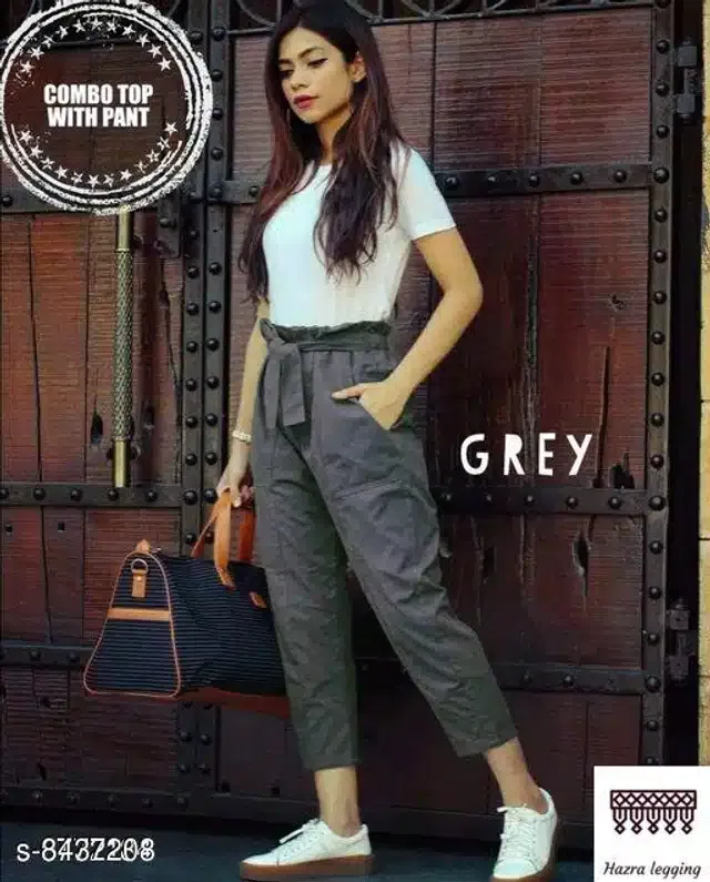 Half Sleeves Top & Bottom Set for Women (White & Grey, M)