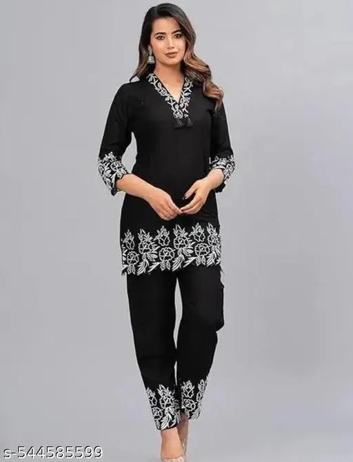 Rayon Embroidery Kurta With Bottom wear for Women (Black, XL)