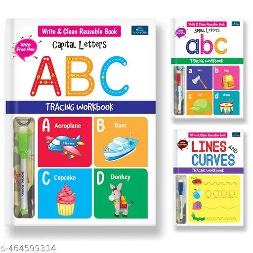 Write & Clean Reusablee Book - Set Of 3 Books - Alphabet Capital Letters, Alphabet Small Letters, And Lines & Curves