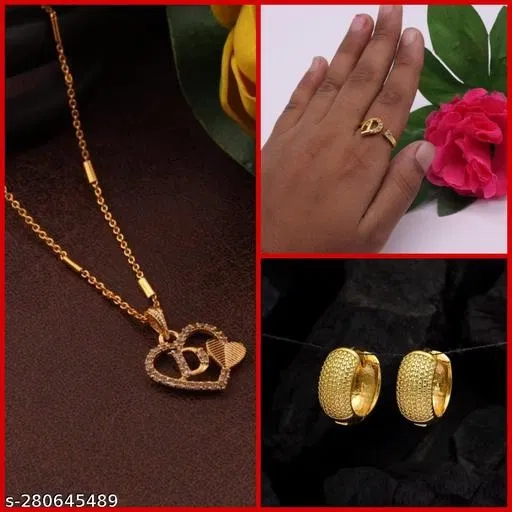 Combo of Alloy Pendant with Ring & 1 Pair Earrings for Women (Multicolor, Set of 3)