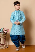 Dupion Silk Embroidery Kurta with Dhoti for Boys, Blue 