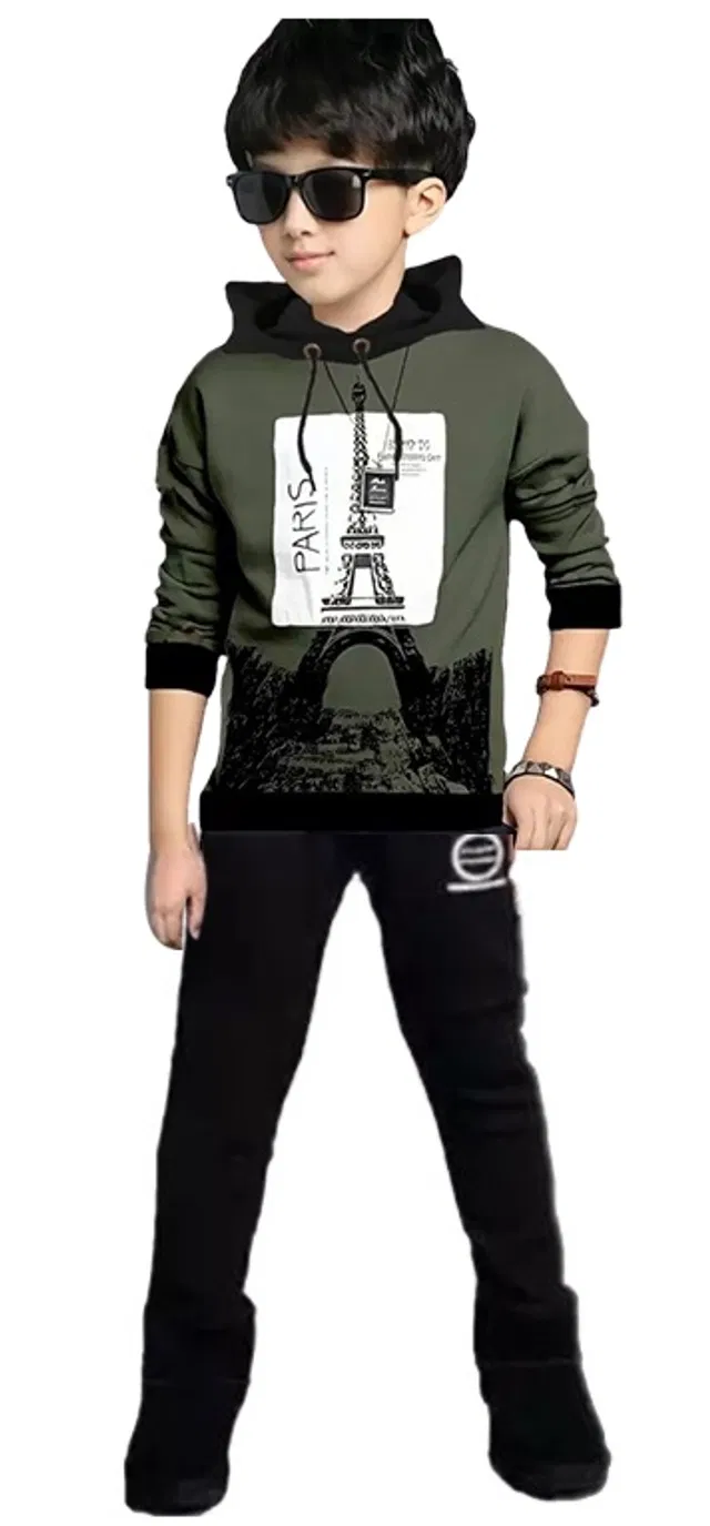 Cotton Blend Hooded Neck Sweatshirts for Boys (Olive, 6-7 Years)