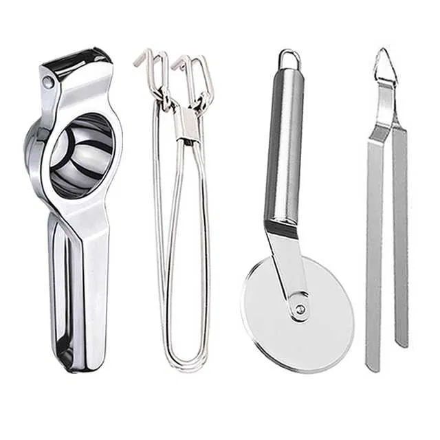 Stainless Steel Lemon Squeezer & Pakkad & Pizza Cutter & Roti Chimta For Kitchen (Set of 4) (OC-051)