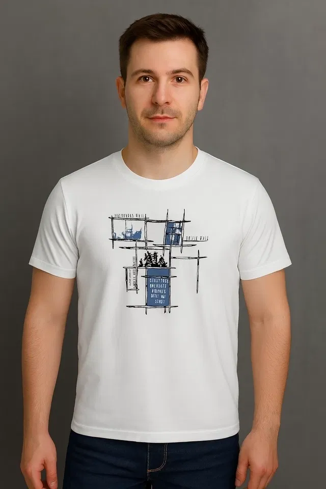 Round Neck Printed T-Shirt for Men (White, XL)