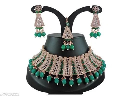 Bridal Green Kundan White Diamond Chocker Jewellery Set for Women (Green, Free Size)
