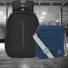 Polyester Backpack with Cross Body Bag for Men, Black & Blue, Set of 2