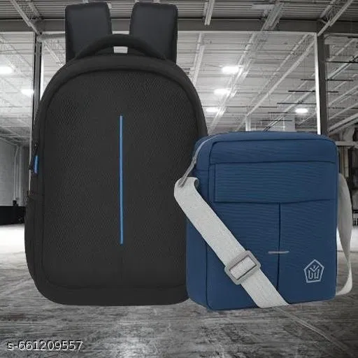 Polyester Backpack with Cross Body Bag for Men, Black & Blue, Set of 2