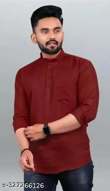 Cotton Blend Solid Short Kurta for Men, Maroon (L)