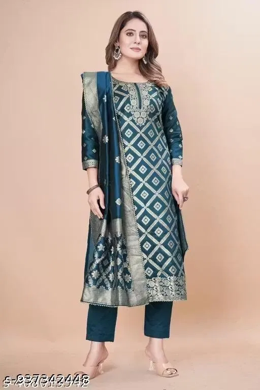 Art Silk Churidar Material Dress for Women, Pack of 3 (Blue, Un Stitched)