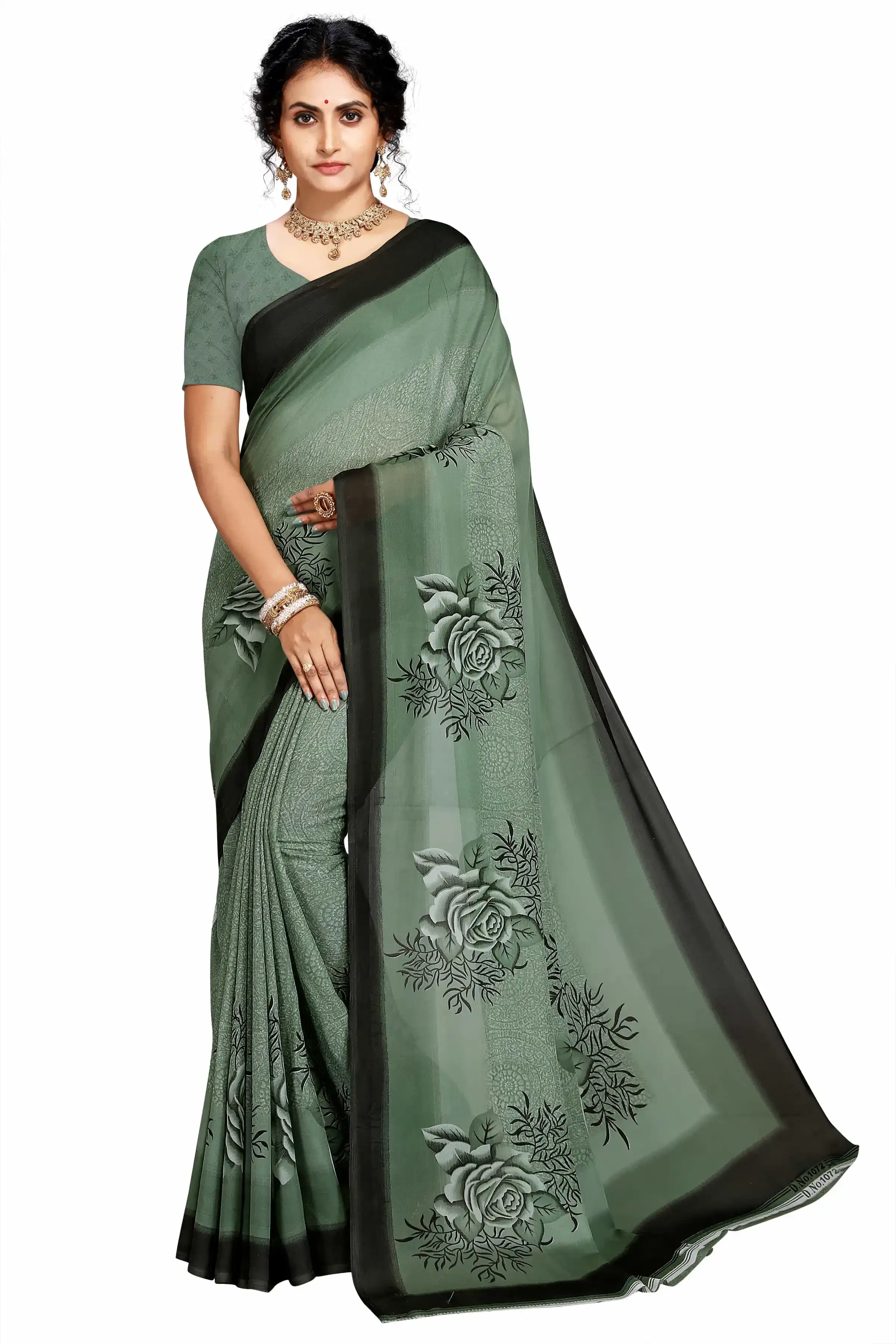 Kanooda Fancy Women Georgette Flower Printed Saree (Green) (K-058)