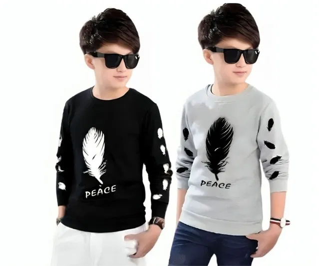Round Neck Printed T-Shirt for Boys (Black & Grey, 13-14 Years) (Pack of 2)