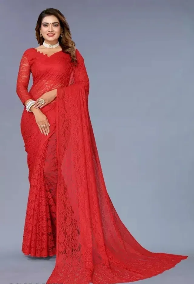Net Floral Saree for Women (Red, 6.3 m)