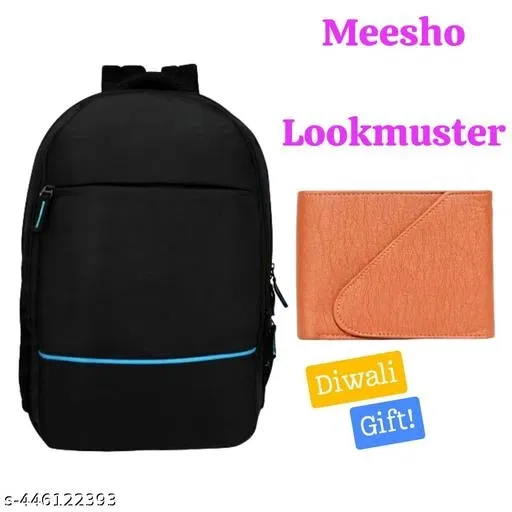 Polyester Backpack with Wallet for Men, Black, Set of 2