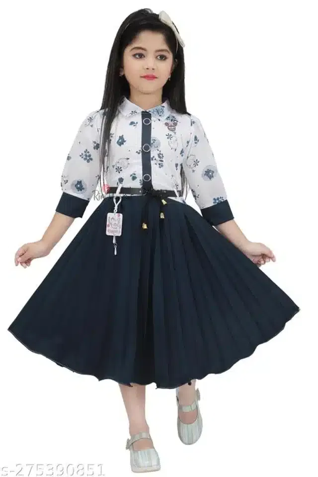 Cotton Blend Frock for Girls (White & Navy Blue, 9-10 Years)