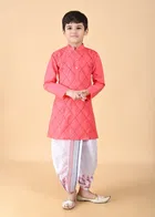 Cotton Blend Embellished Kurta with Dhoti for Boys, Pink & White 