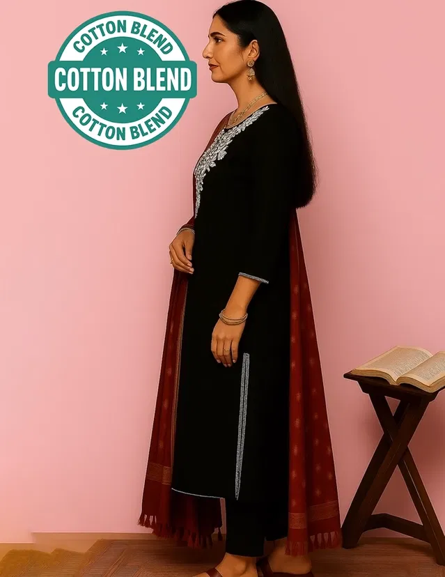 Cotton Embroidered Kurti for Women (Black, M)
