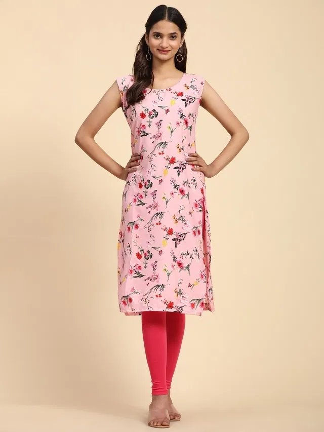 Crepe Printed Kurti for Women (Baby Pink, L)